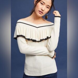 Anthropologie Knitted & Knotted Off-Shoulder Ruffle Sweater SZ L cream/black GUC